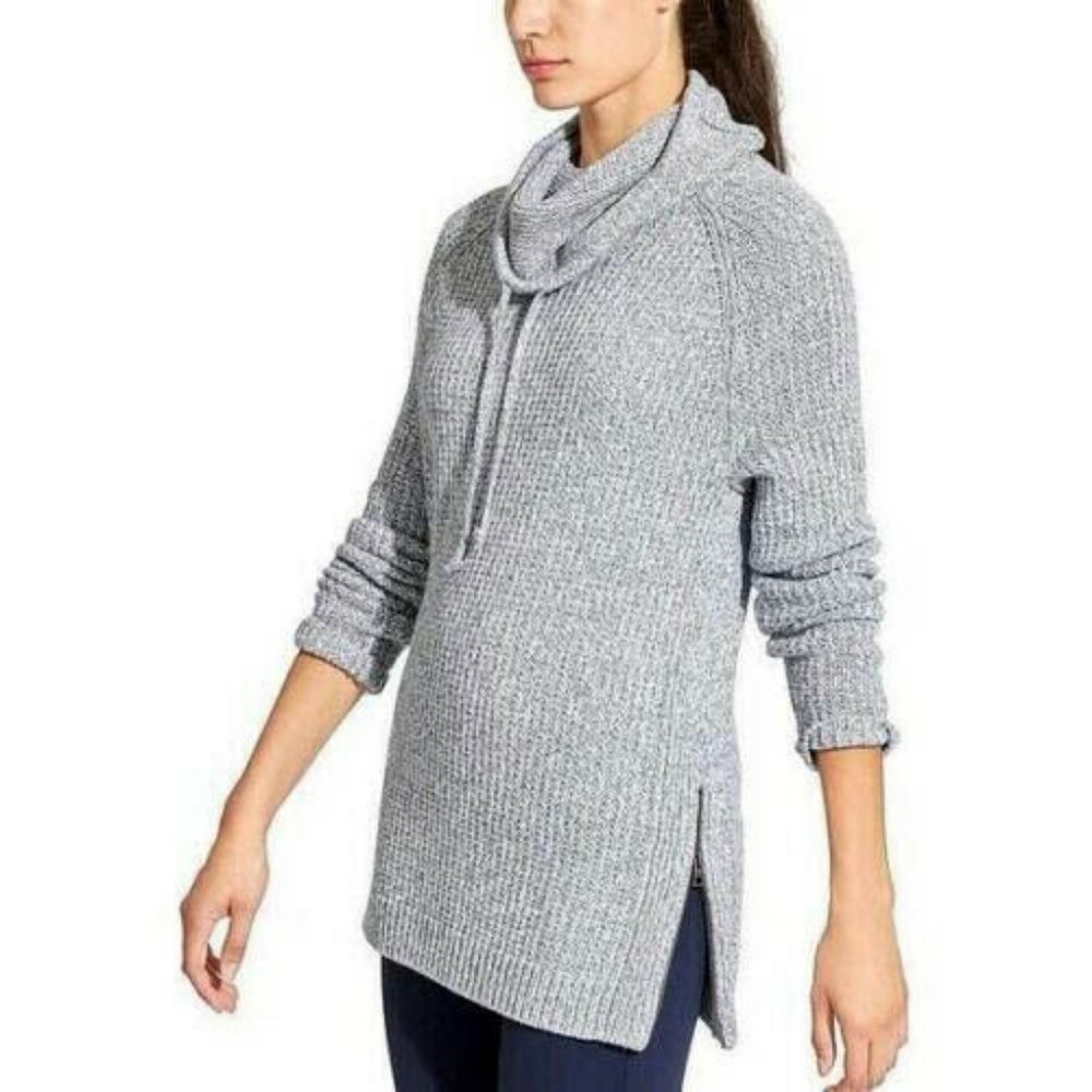 Athleta Sweater Size XS Borealis Cowl Neck Chunky Wool Knit Side Zips Gray